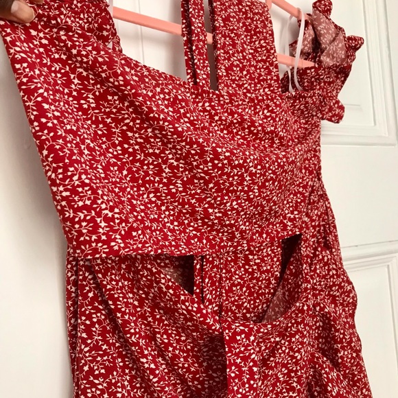 Red Off Shoulder Tie Front Cutout Shirred Back Bardot Ruffle Hem Dress - Picture 10 of 13